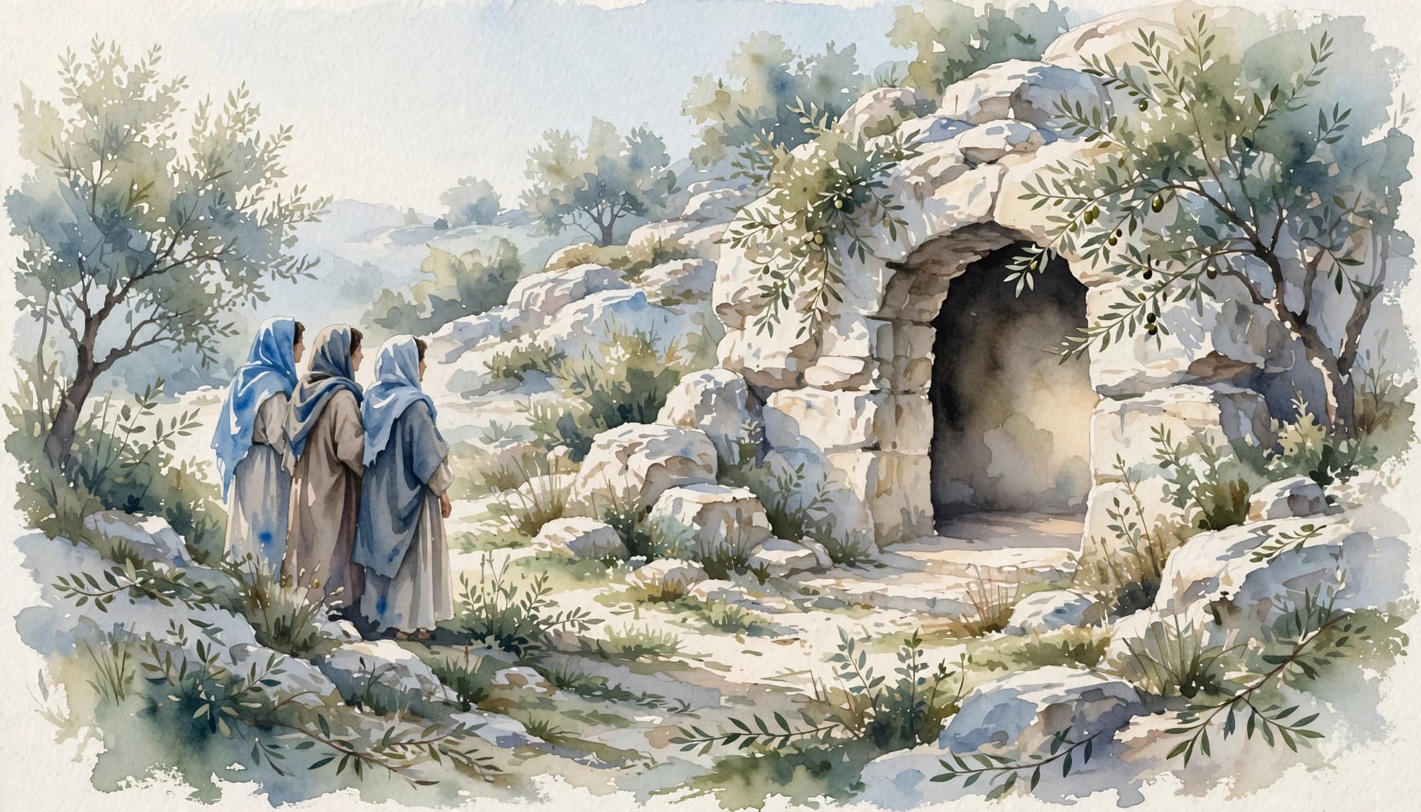 Watercolor illustration of women discovering the empty tomb after the resurrection of Jesus
